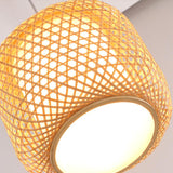 Modern Handwoven Bamboo Cylinder Pendant Light Natural Wood Hanging Lamp for Hallway