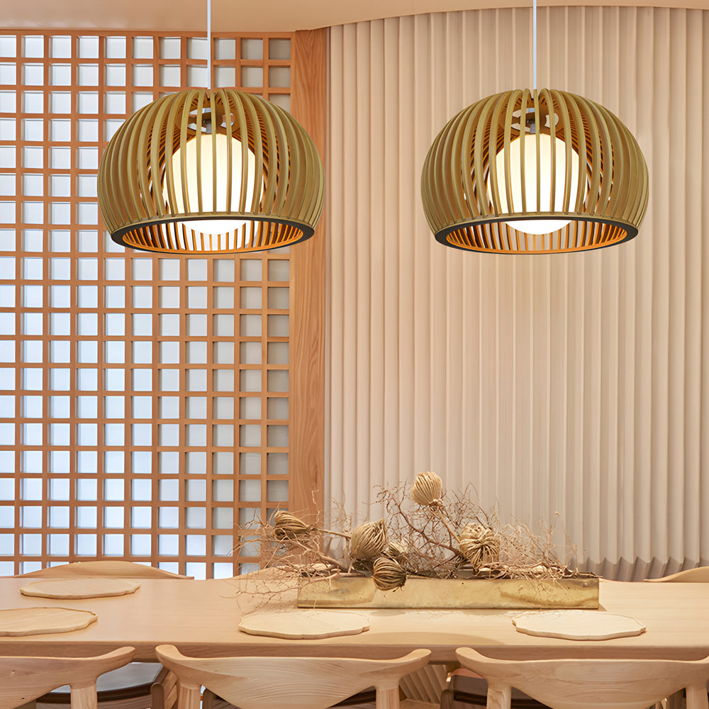 Modern Hemispherical Wood Birdcage Pendant Light with Glass Ball Shade for Living Room
