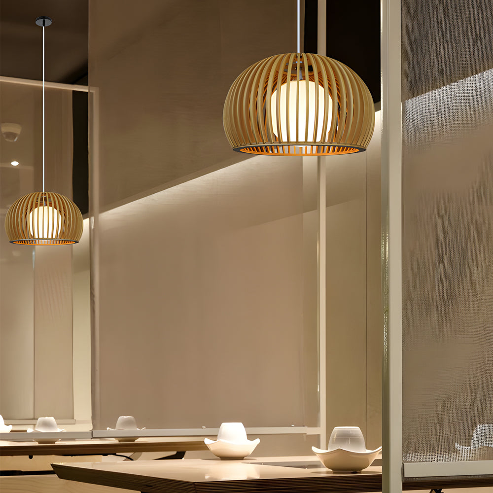 Modern Hemispherical Wood Birdcage Pendant Light with Glass Ball Shade for Living Room