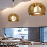 Modern Hemispherical Wood Birdcage Pendant Light with Glass Ball Shade for Living Room