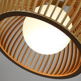 Modern Hemispherical Wood Birdcage Pendant Light with Glass Ball Shade for Living Room
