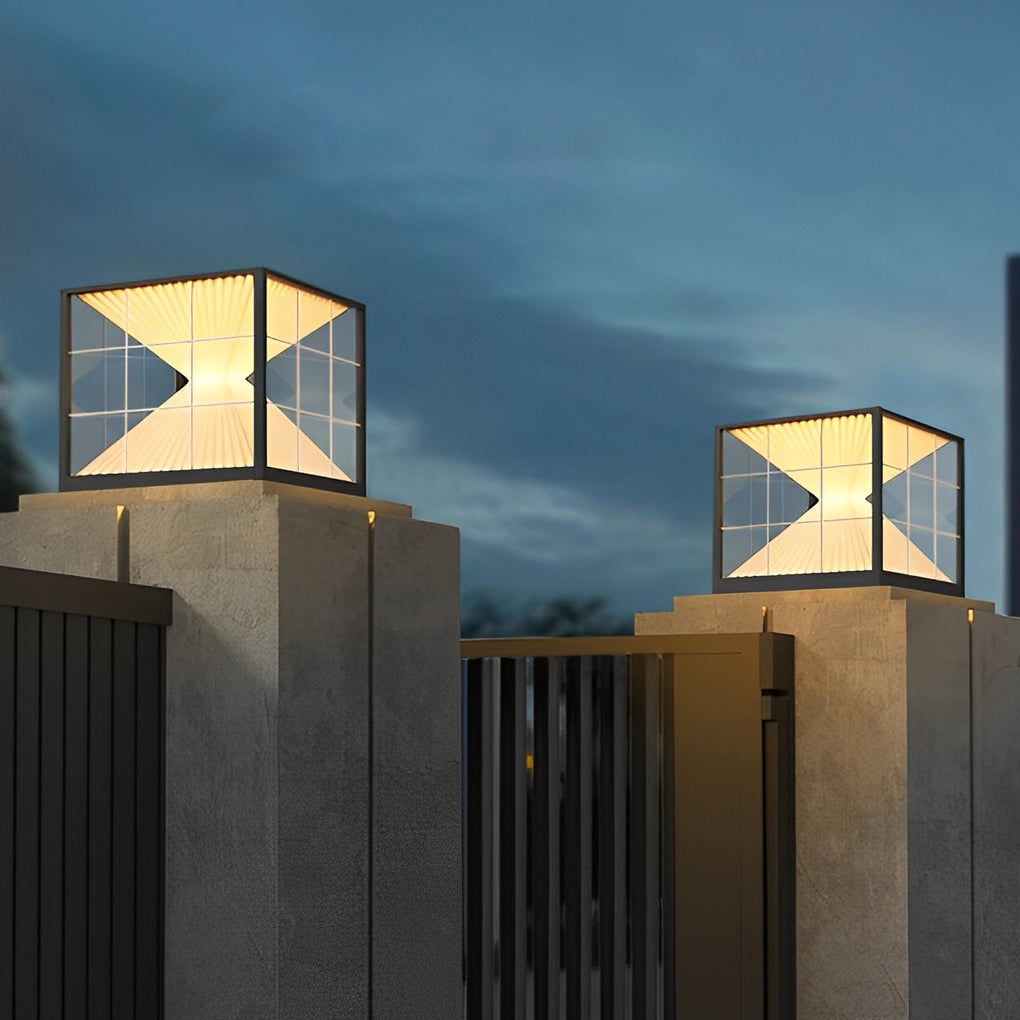 Modern Hourglass Solar LED Outdoor Pillar Light Square Waterproof Fence Post Lamp Black