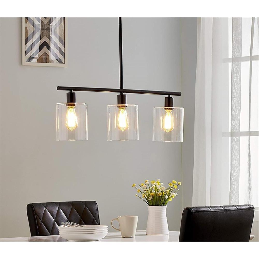 Modern Industrial 3 Light Kitchen Island Pendant Glass Lantern Chandelier in Black and Gold