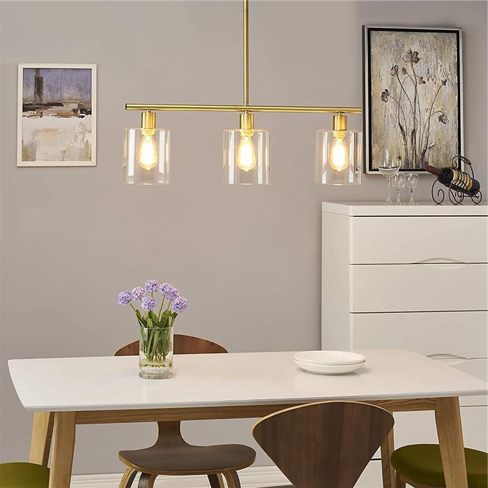 Modern Industrial 3 Light Kitchen Island Pendant Glass Lantern Chandelier in Black and Gold