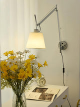 Modern Industrial Adjustable Rocker Wall Sconce with Fabric Shade and Fog Silver Finish