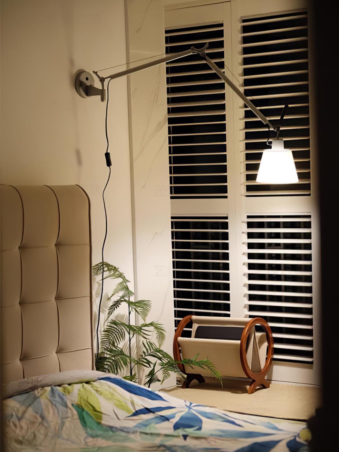 Modern Industrial Adjustable Rocker Wall Sconce with Fabric Shade and Fog Silver Finish