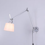 Modern Industrial Adjustable Rocker Wall Sconce with Fabric Shade and Fog Silver Finish