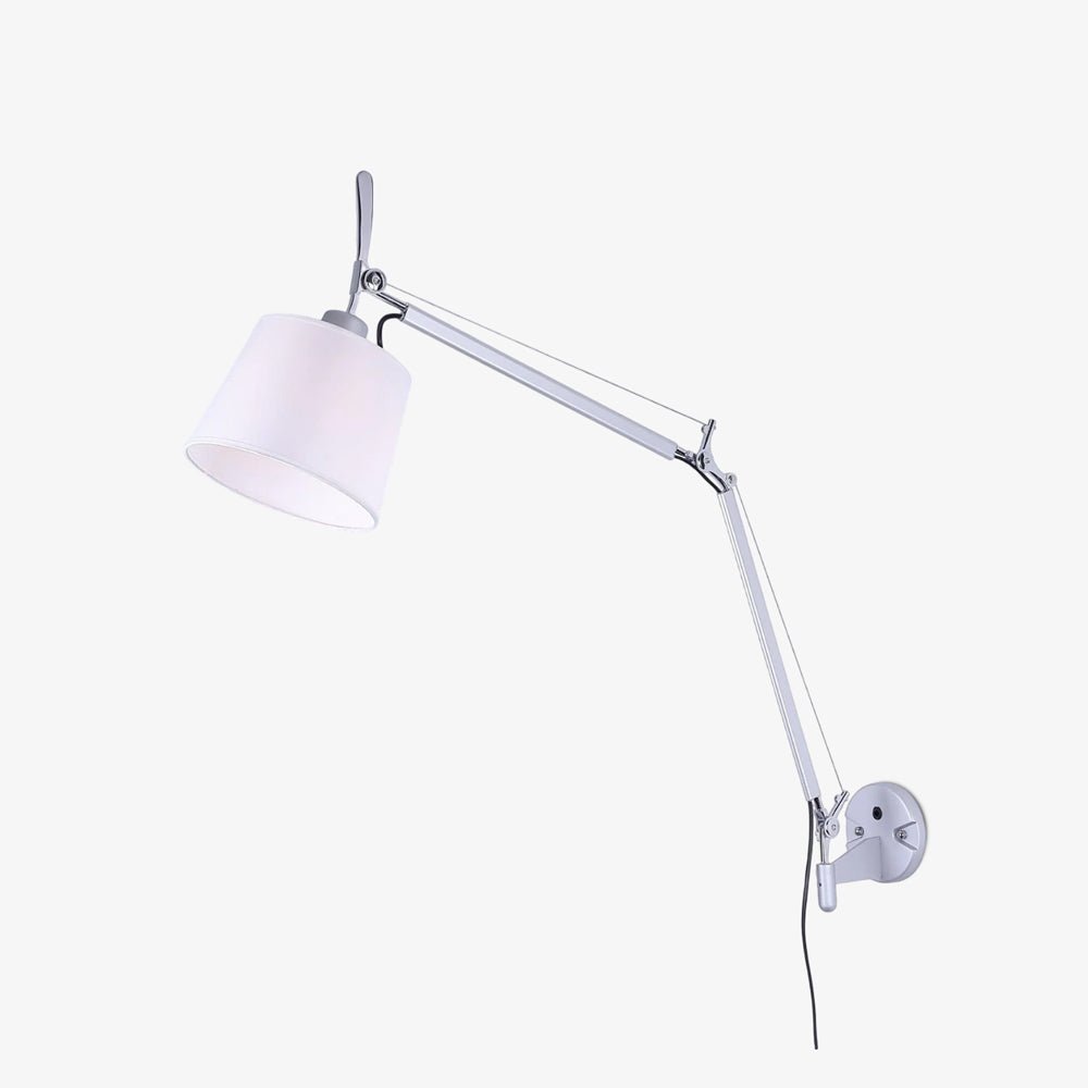 Modern Industrial Adjustable Rocker Wall Sconce with Fabric Shade and Fog Silver Finish