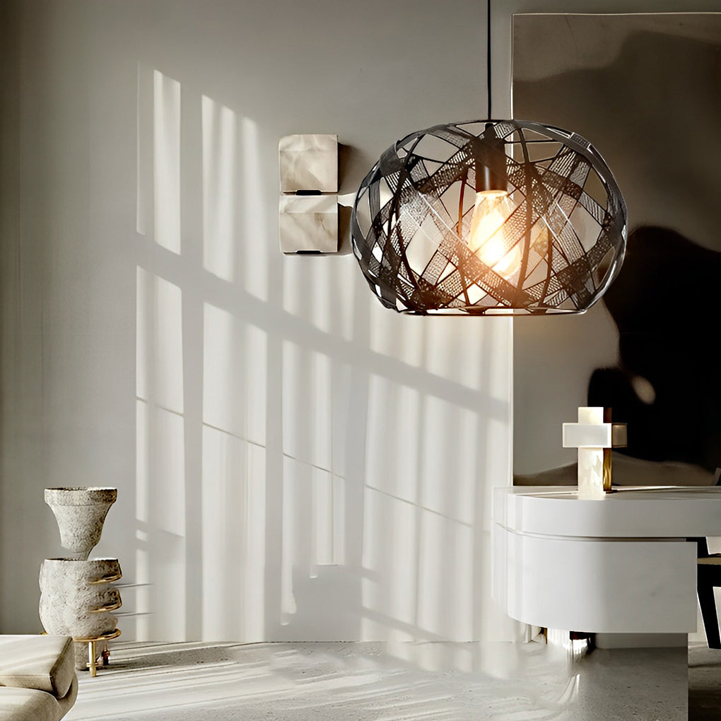 Modern Industrial Black Iron Mesh Geometric Pendant Light Fixture for Kitchen and Dining Room
