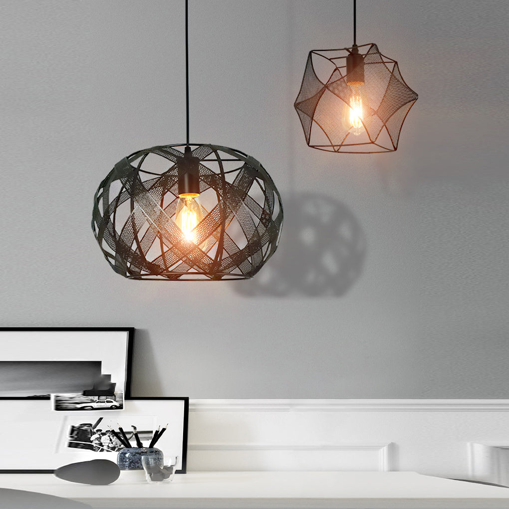 Modern Industrial Black Iron Mesh Geometric Pendant Light Fixture for Kitchen and Dining Room