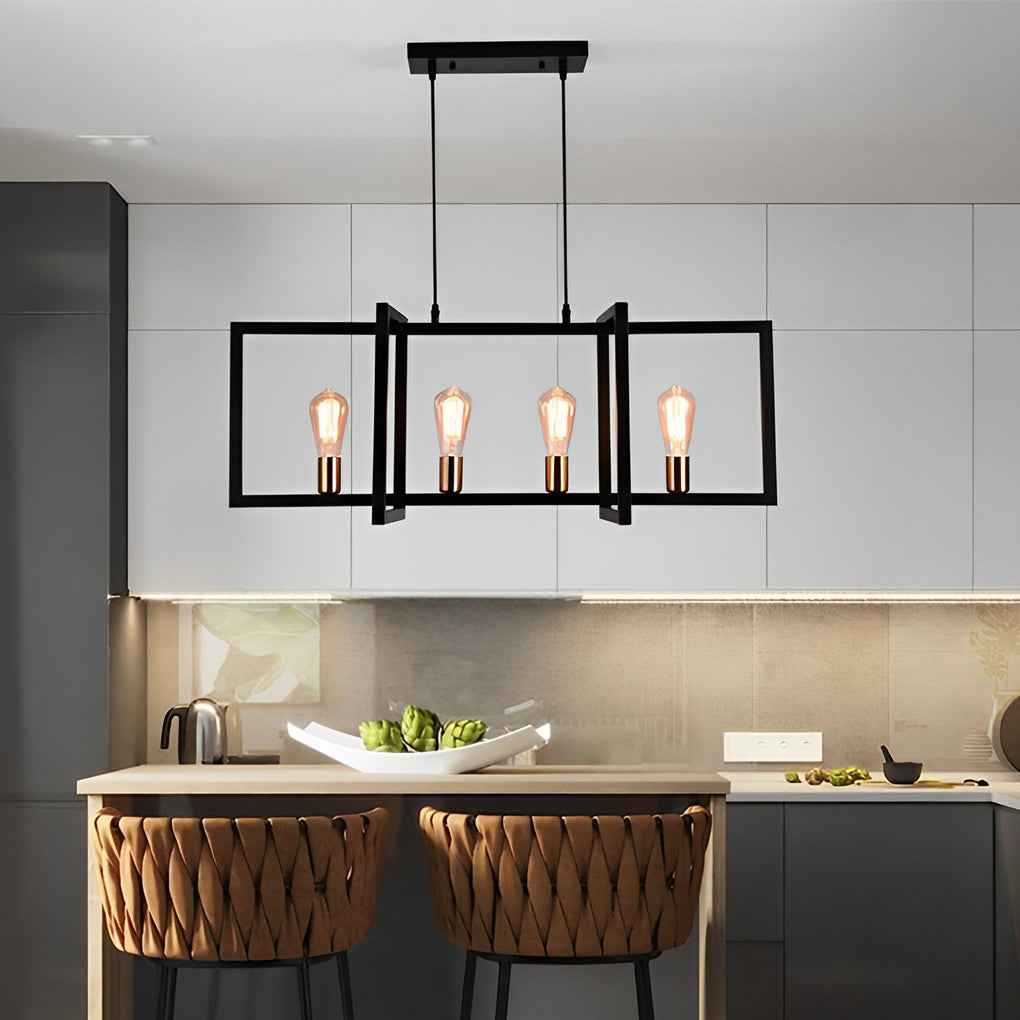 Modern Industrial Black Iron Rectangular Chandelier for Dining Room and Kitchen Island