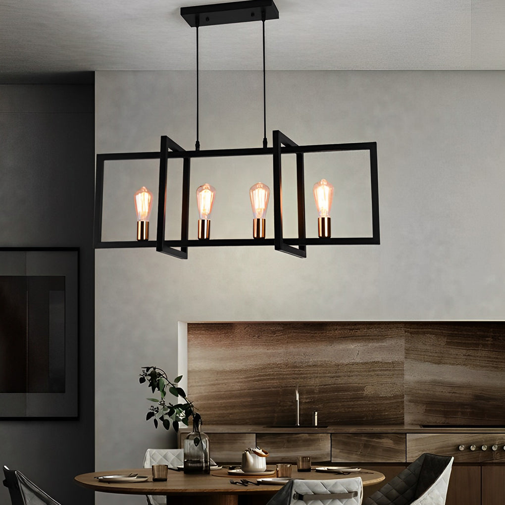Modern Industrial Black Iron Rectangular Chandelier for Dining Room and Kitchen Island