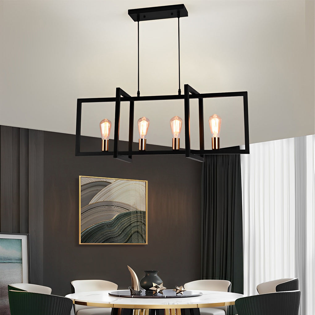 Modern Industrial Black Iron Rectangular Chandelier for Dining Room and Kitchen Island