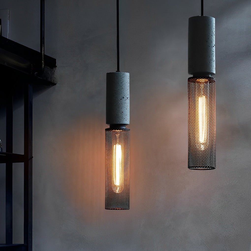 Modern Industrial Concrete and Black Metal Mesh Pendant Light E27 Cage Chandelier Ceiling Lamp