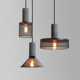 Modern Industrial Concrete and Black Metal Mesh Pendant Light E27 Cage Chandelier Ceiling Lamp