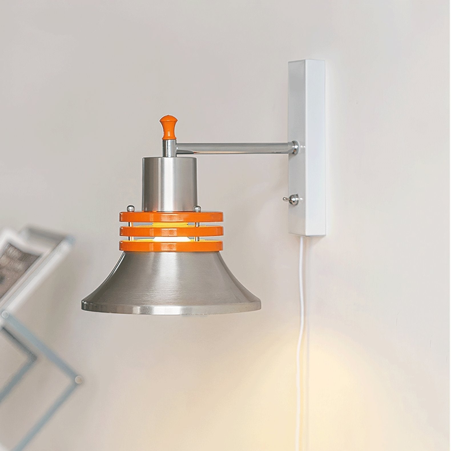 Modern Industrial Metal Bracket Wall Sconce with Polished Chrome Shade and Orange Accent Strap