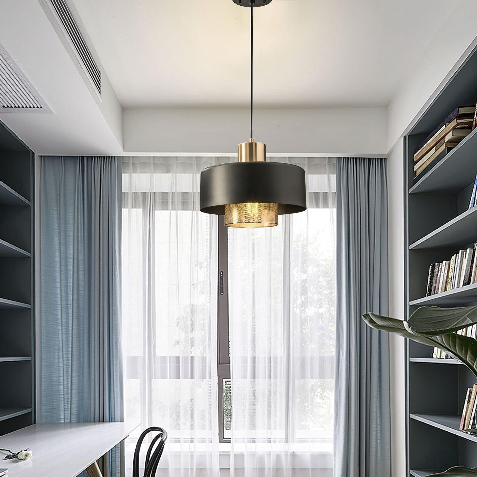 Modern Industrial Metal Pendant Light with Perforated Copper Shade and Adjustable Black Hanging Fixture