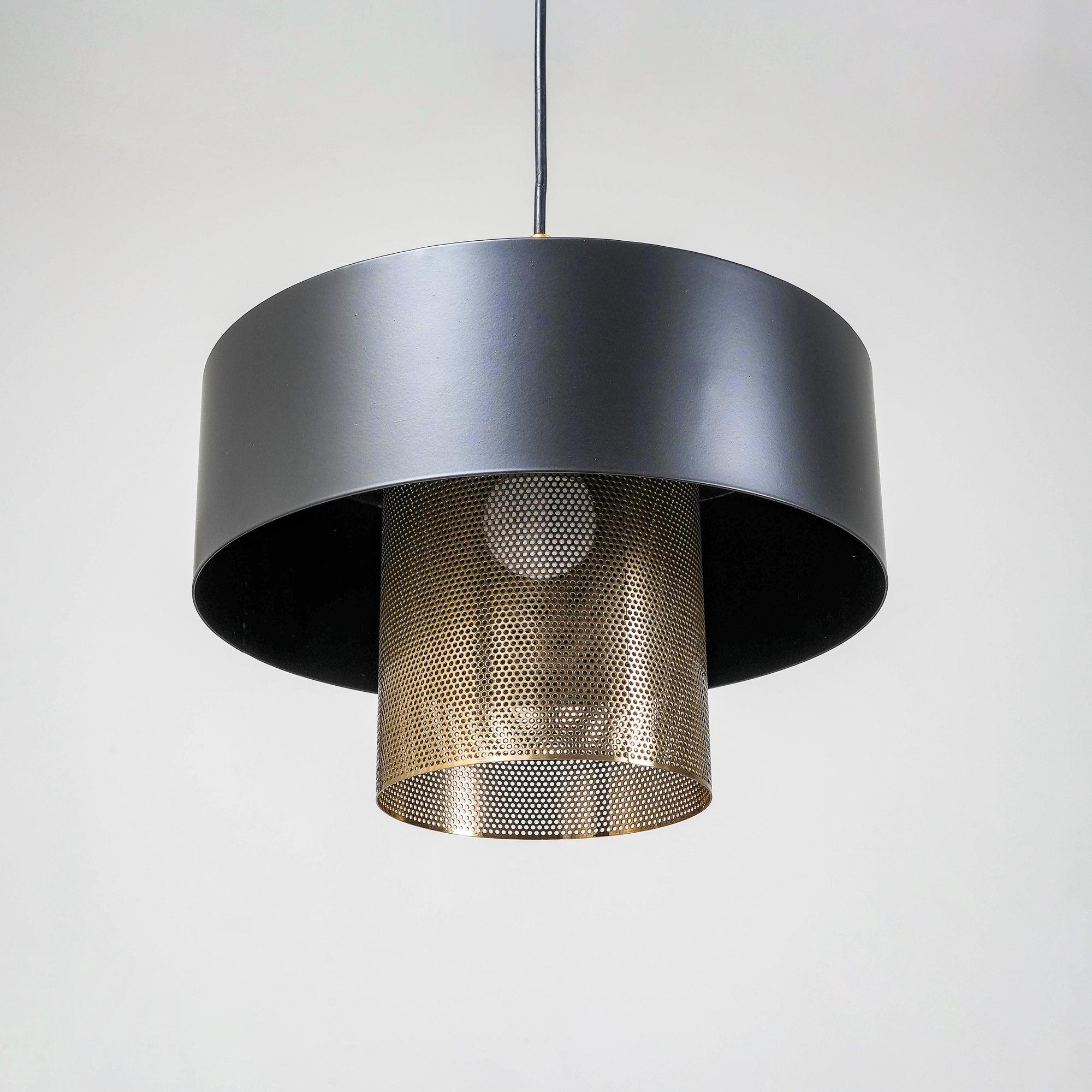 Modern Industrial Metal Pendant Light with Perforated Copper Shade and Adjustable Black Hanging Fixture