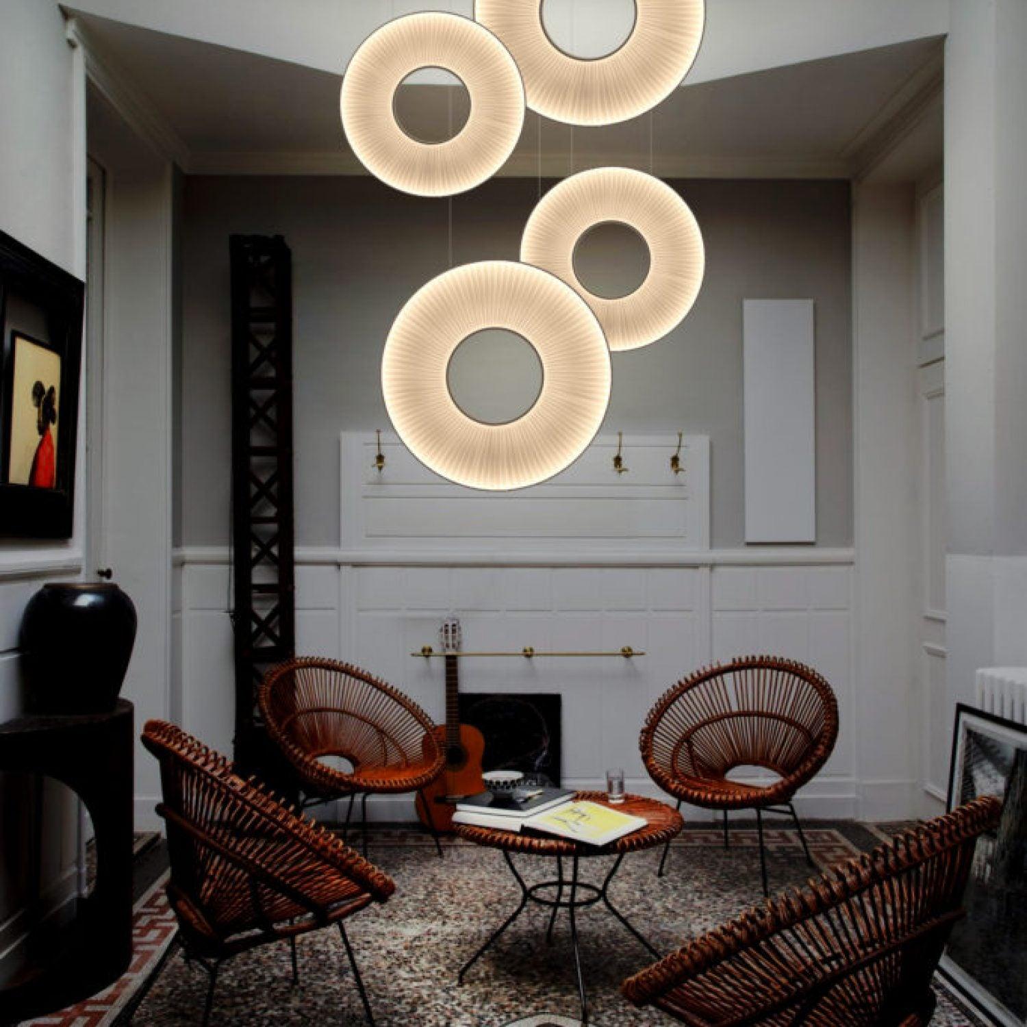 Modern Iris LED Pendant Light with White Fabric Shade and Adjustable Cable for Indoor Lighting
