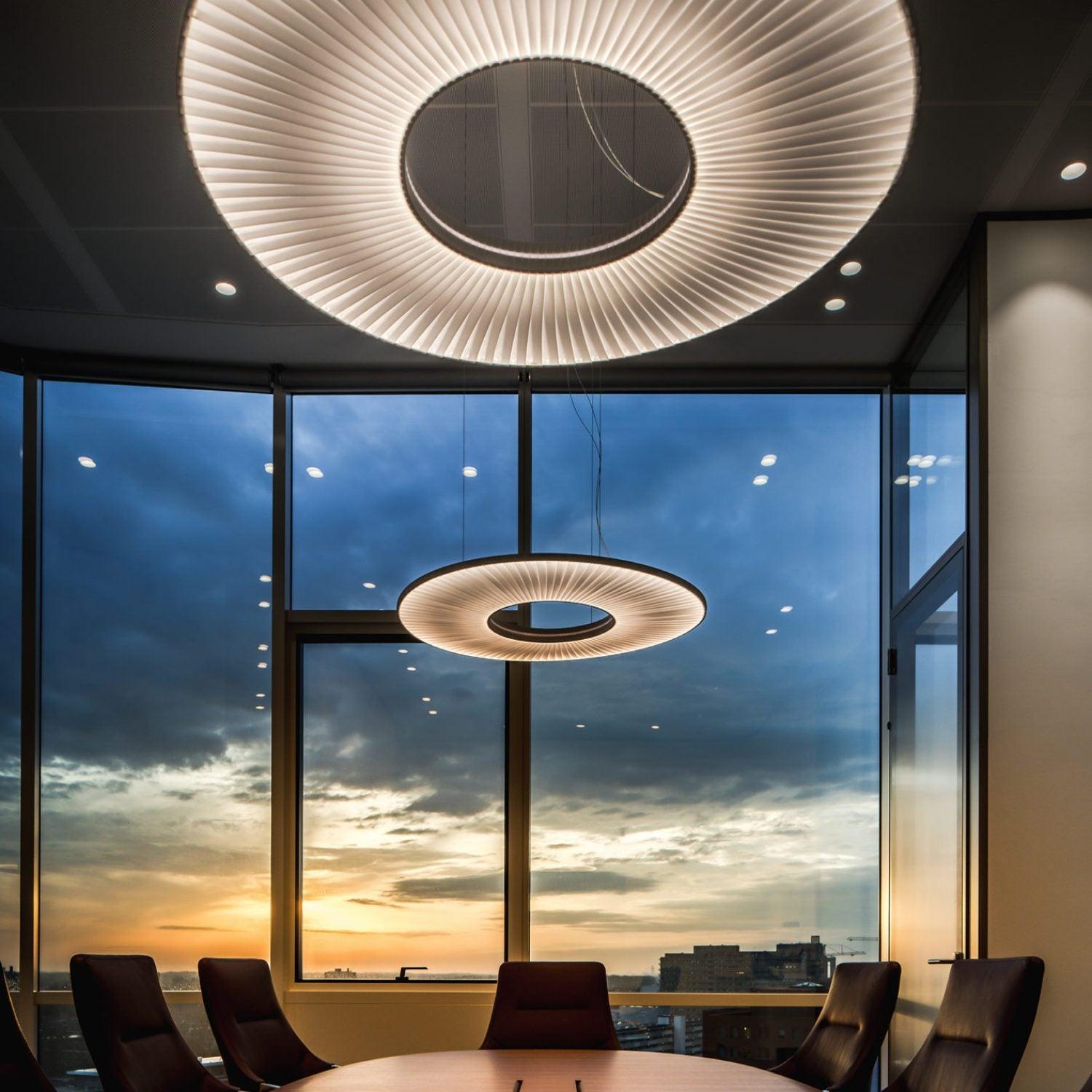Modern Iris LED Pendant Light with White Fabric Shade and Adjustable Cable for Indoor Lighting
