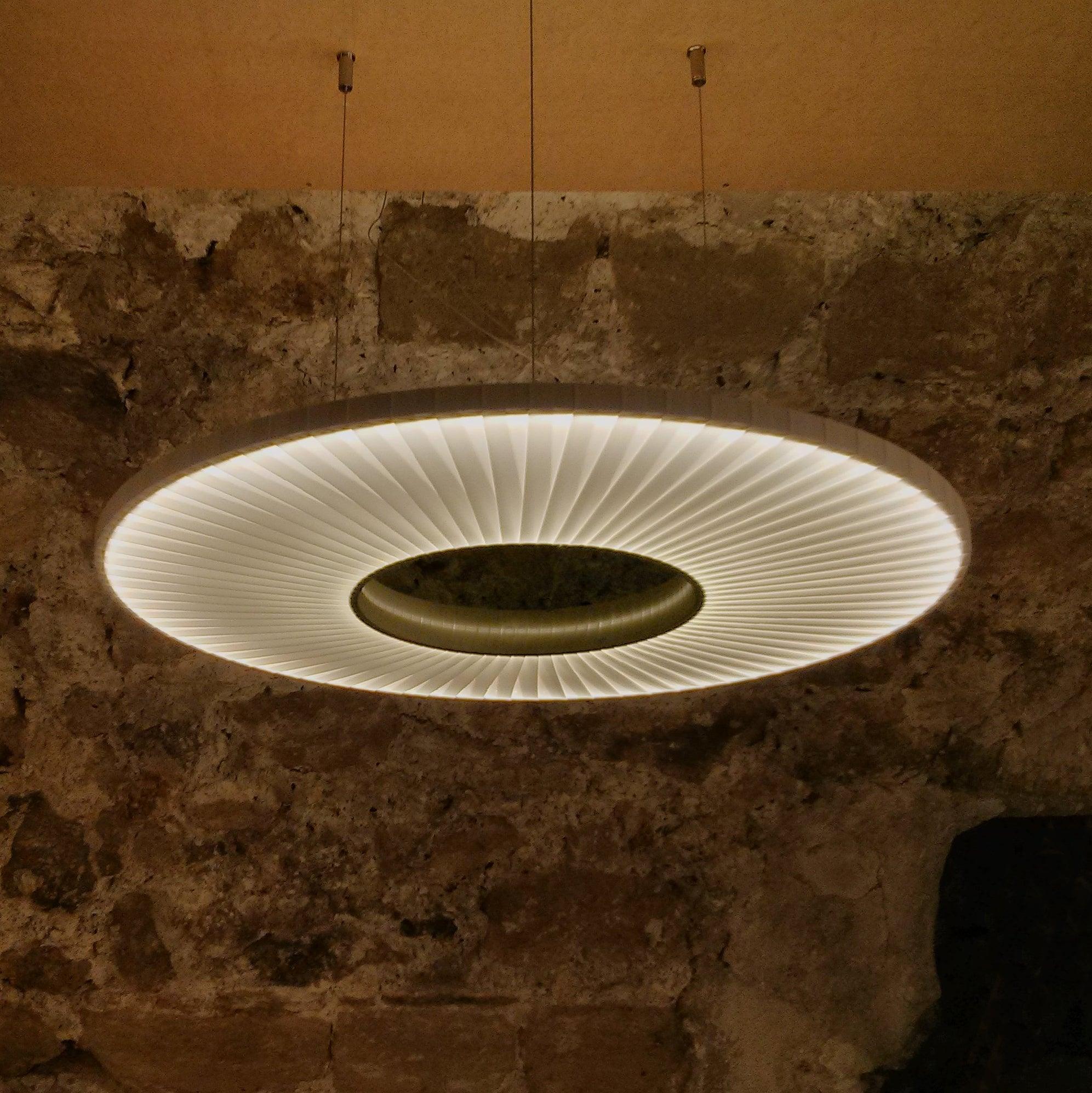 Modern Iris LED Pendant Light with White Fabric Shade and Adjustable Cable for Indoor Lighting