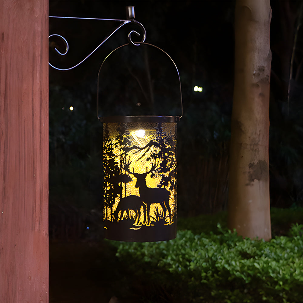 Modern Iron Deer Silhouette Solar Lantern Outdoor Waterproof Hanging LED Garden Landscape Light