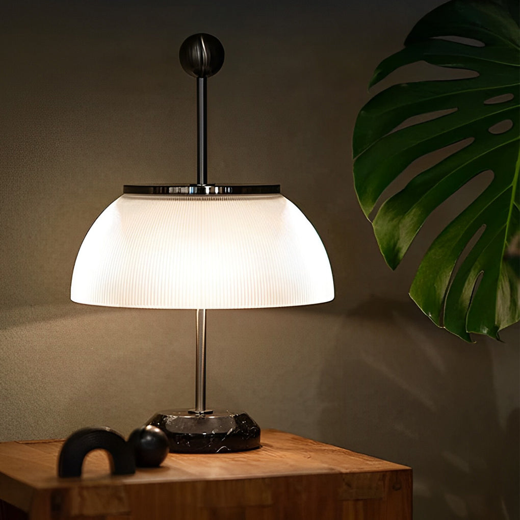 Modern Italian Ribbed Bowl Glass Table Lamp with Marble Base and Silver or Black Metal Finish