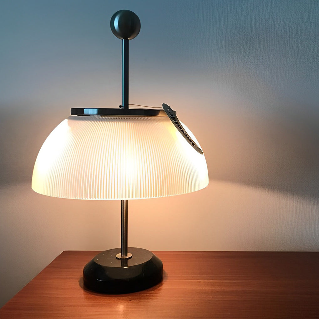 Modern Italian Ribbed Bowl Glass Table Lamp with Marble Base and Silver or Black Metal Finish