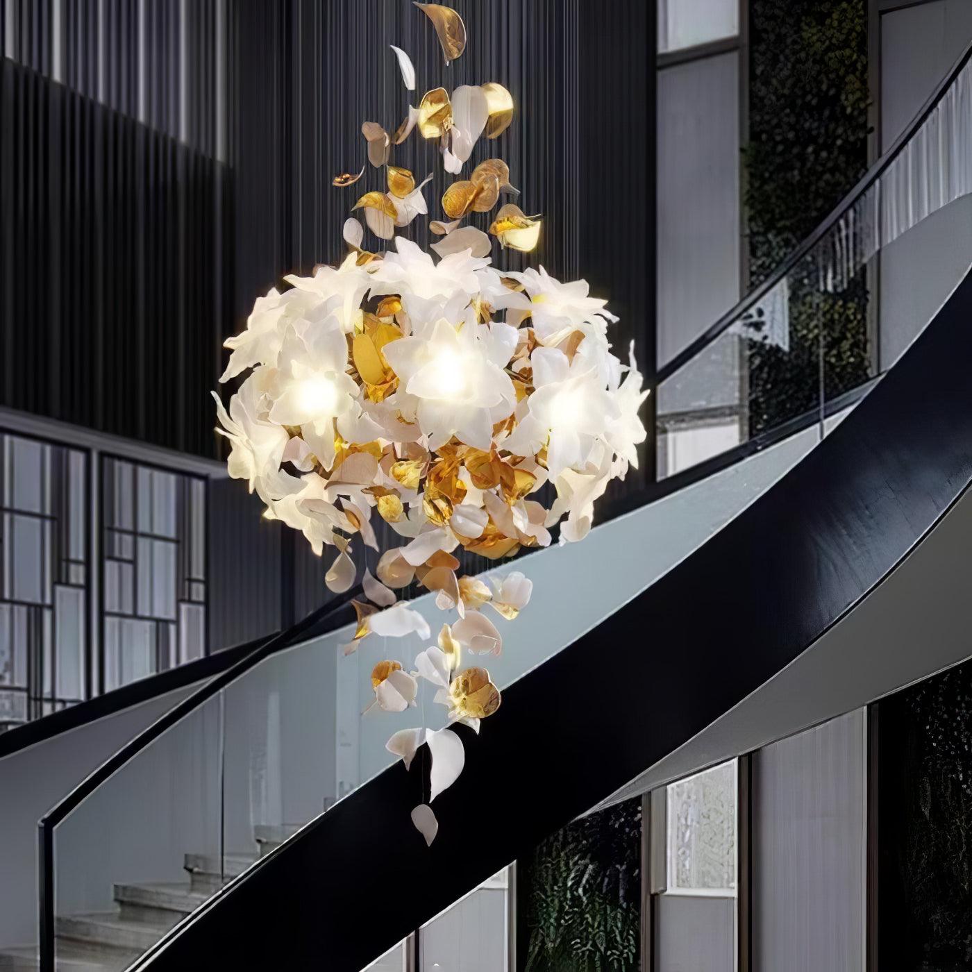 Modern Ivory Glass Petal Floral Chandelier with Brass Finish for Living Room