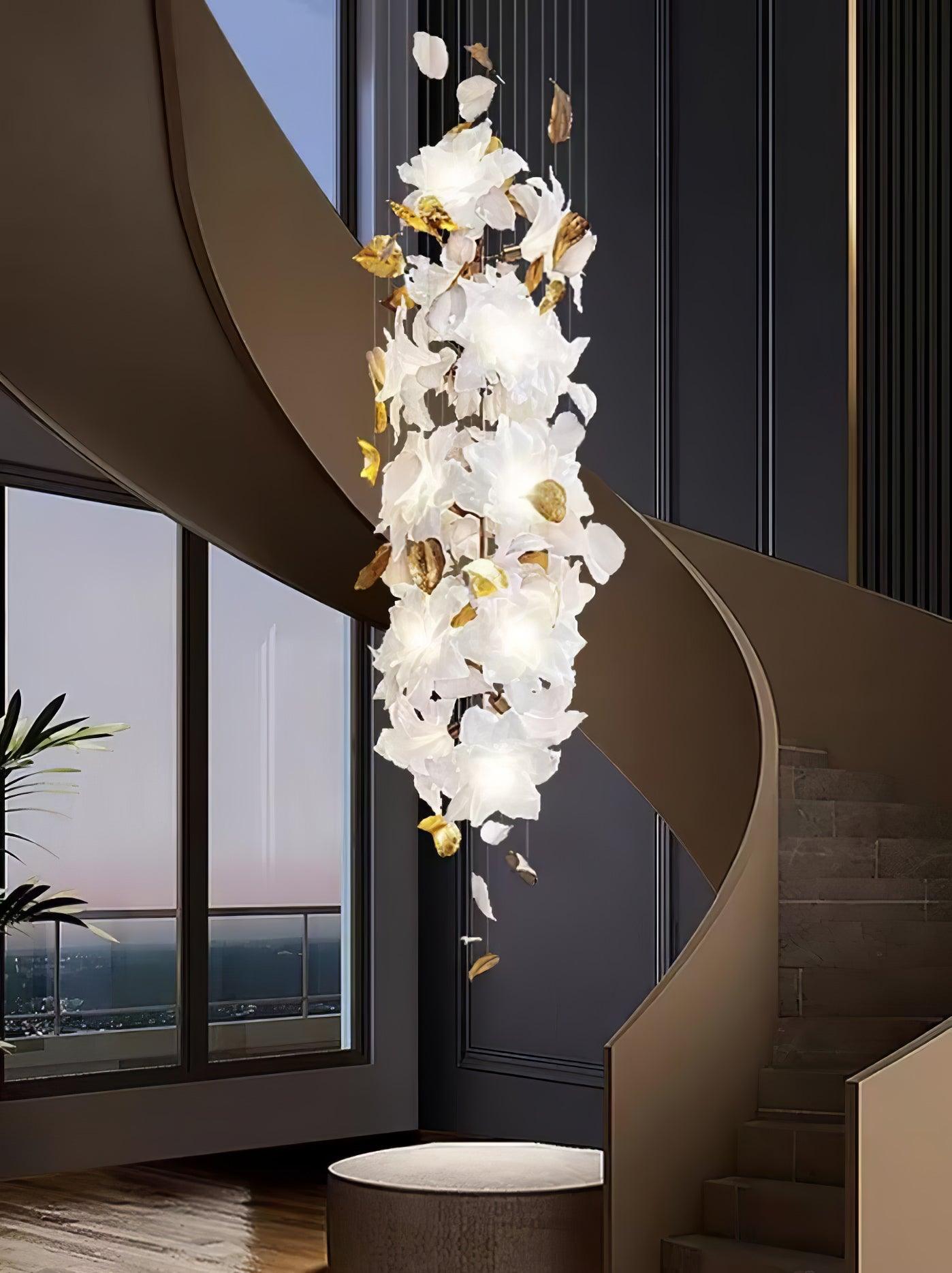 Modern Ivory Glass Petal Floral Chandelier with Brass Finish for Living Room