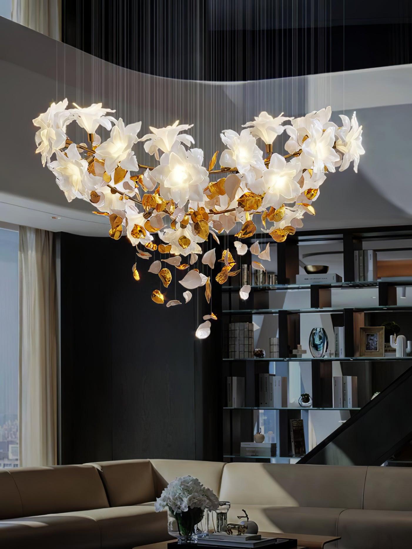 Modern Ivory Glass Petal Floral Chandelier with Brass Finish for Living Room