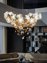 Modern Ivory Glass Petal Floral Chandelier with Brass Finish for Living Room
