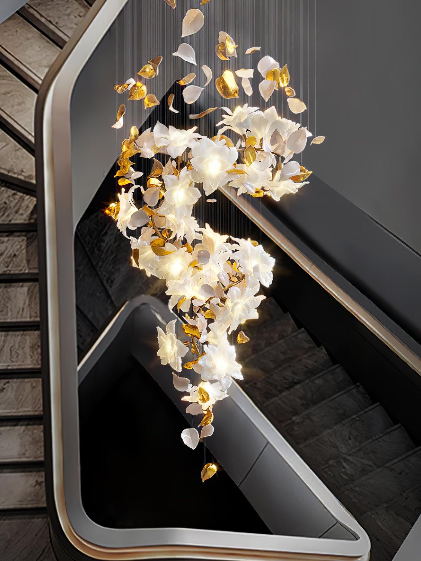 Modern Ivory Glass Petal Floral Chandelier with Brass Finish for Living Room
