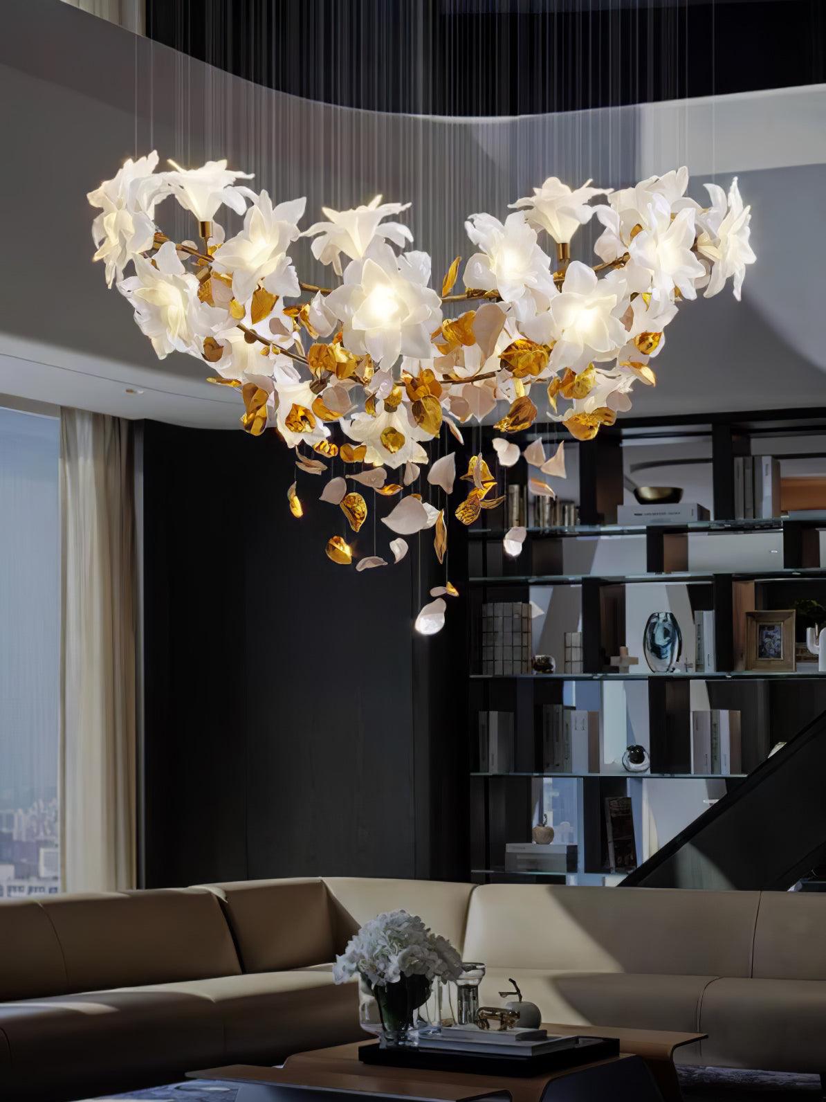 Modern Ivory Glass Petal Floral Chandelier with Brass Finish for Living Room