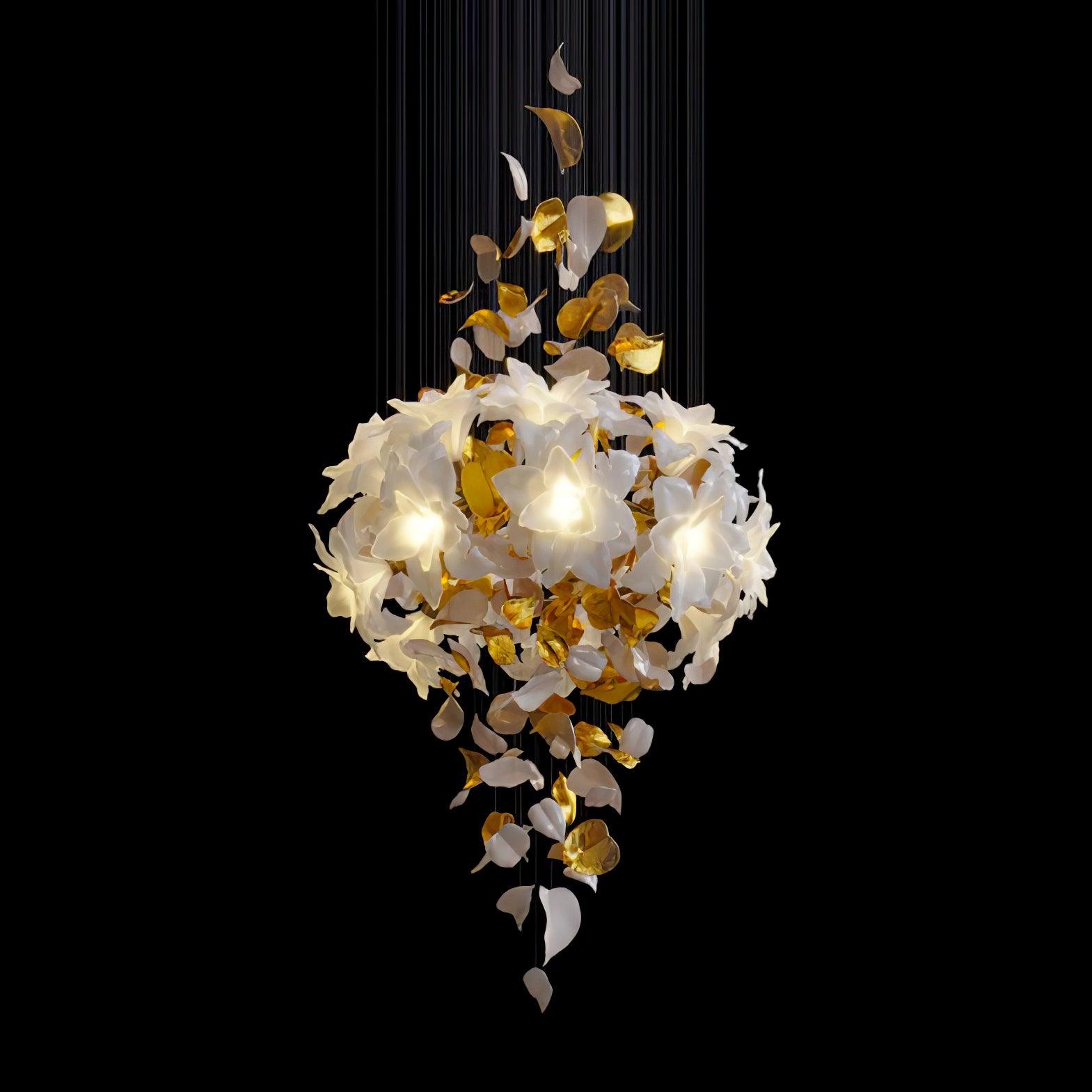 Modern Ivory Glass Petal Floral Chandelier with Brass Finish for Living Room