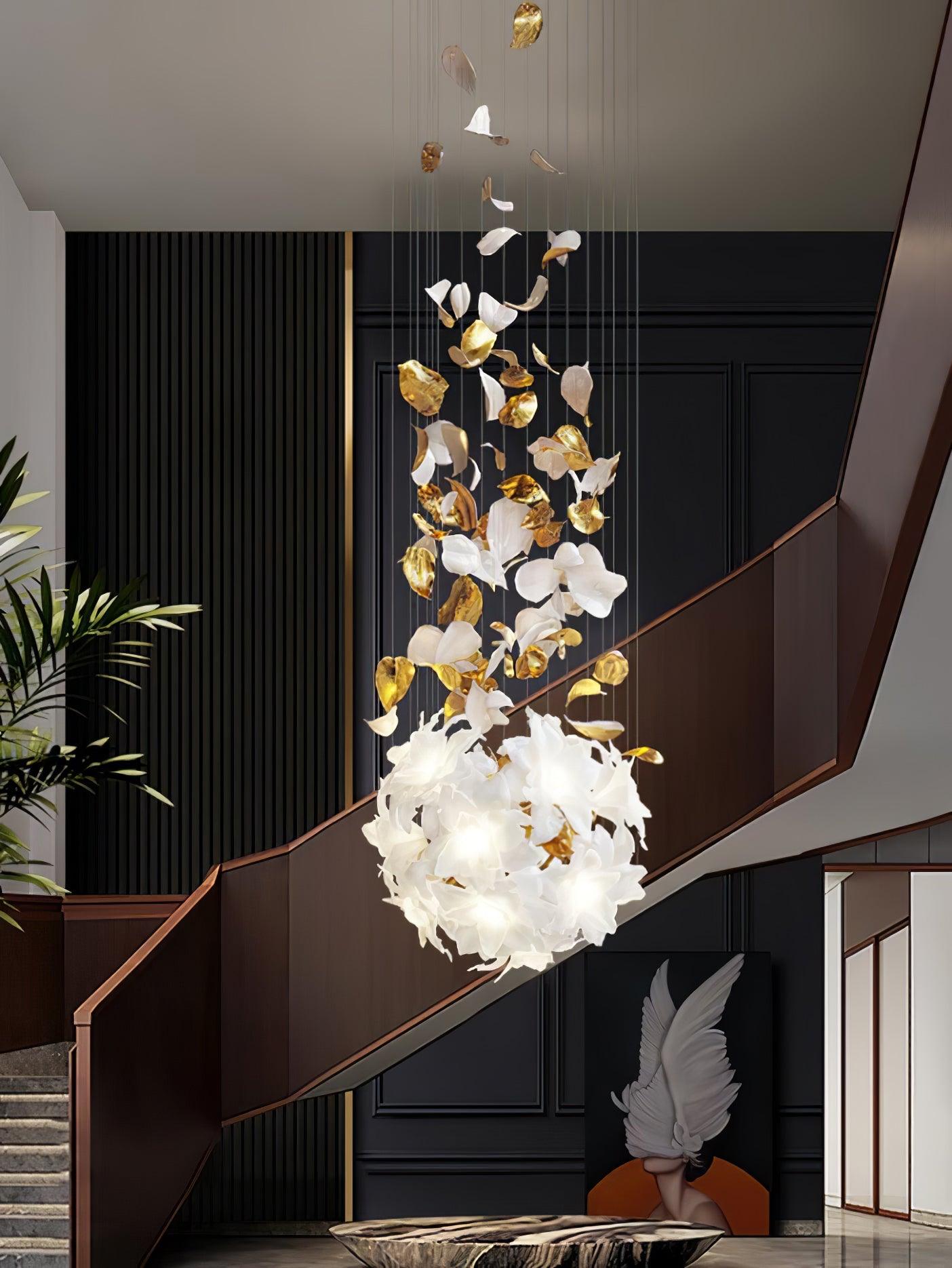 Modern Ivory Glass Petal Floral Chandelier with Brass Finish for Living Room
