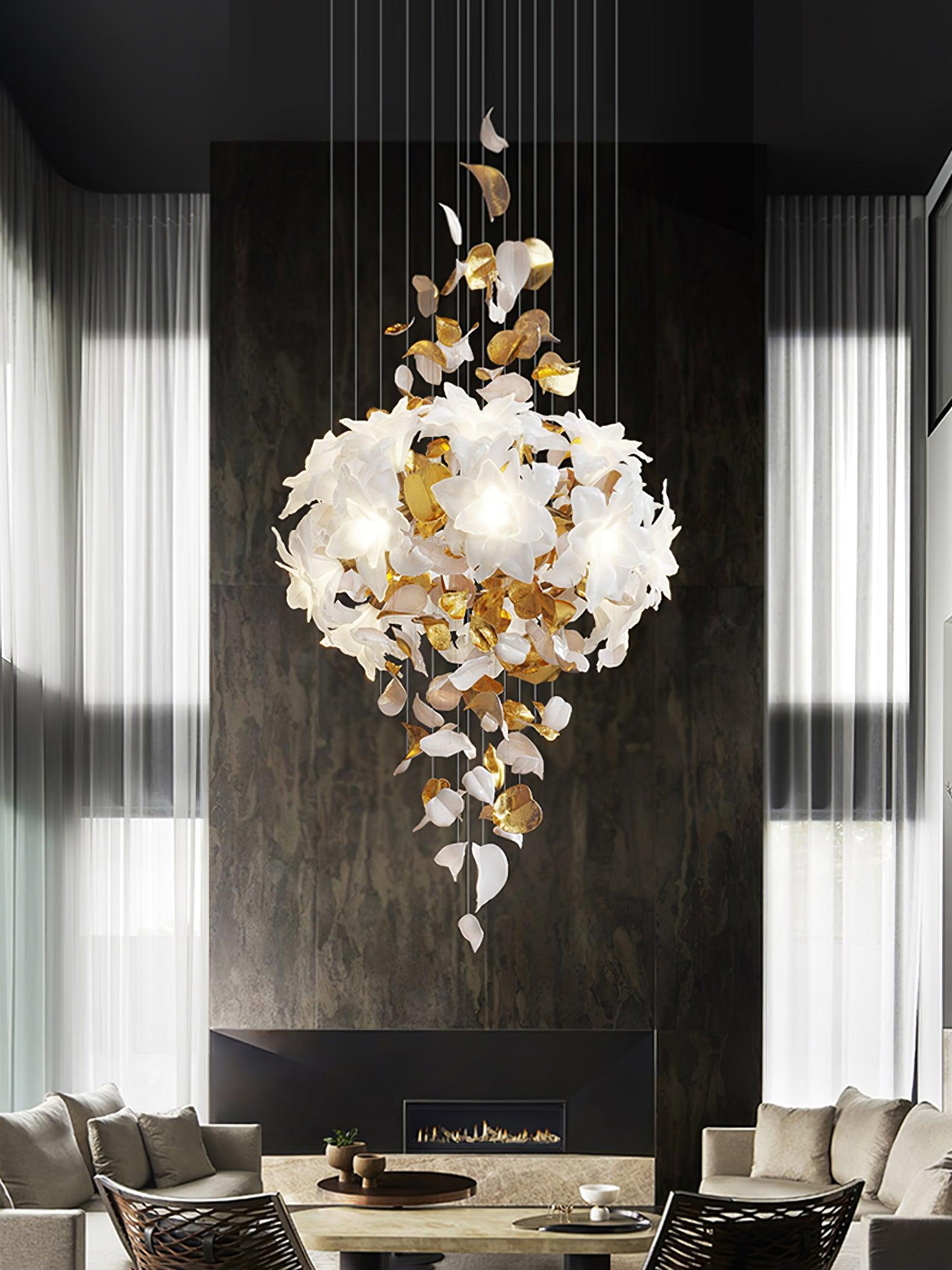 Modern Ivory Glass Petal Floral Chandelier with Brass Finish for Living Room