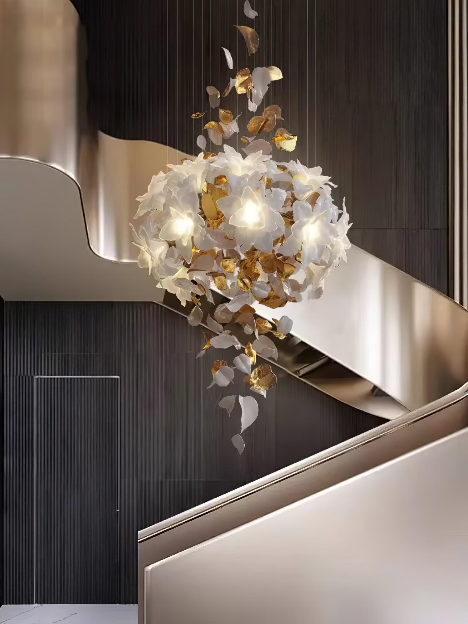 Modern Ivory Glass Petal Floral Chandelier with Brass Finish for Living Room