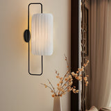 Modern Japanese LED Wall Lantern Sconce with Striped White Fabric Shade and Black Iron Frame Indoor Lamp