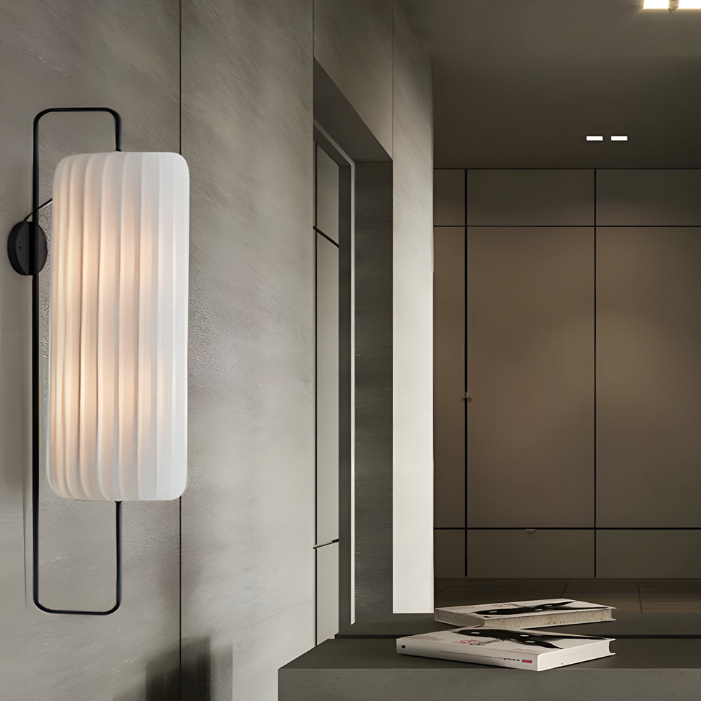 Modern Japanese LED Wall Lantern Sconce with Striped White Fabric Shade and Black Iron Frame Indoor Lamp