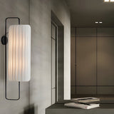 Modern Japanese LED Wall Lantern Sconce with Striped White Fabric Shade and Black Iron Frame Indoor Lamp