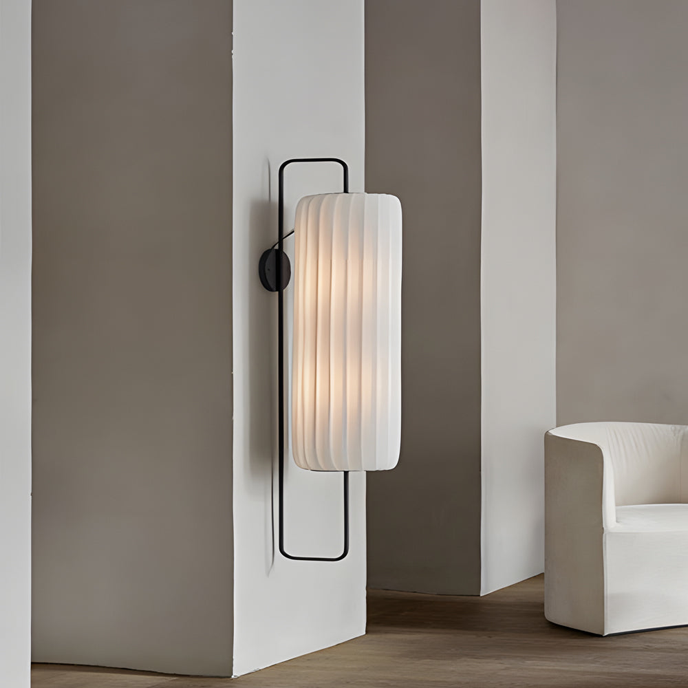 Modern Japanese LED Wall Lantern Sconce with Striped White Fabric Shade and Black Iron Frame Indoor Lamp