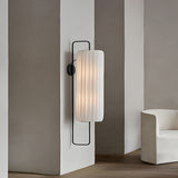 Modern Japanese LED Wall Lantern Sconce with Striped White Fabric Shade and Black Iron Frame Indoor Lamp