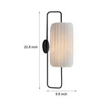 Modern Japanese LED Wall Lantern Sconce with Striped White Fabric Shade and Black Iron Frame Indoor Lamp
