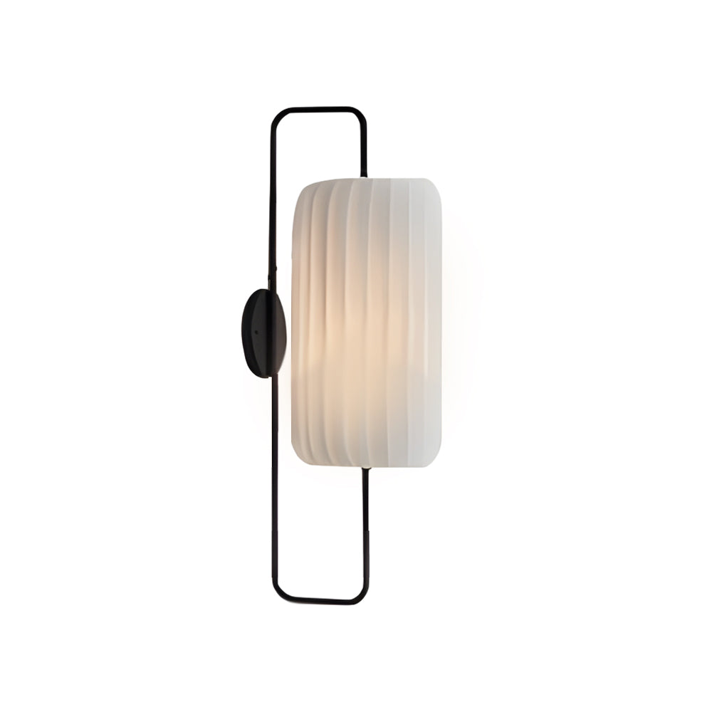 Modern Japanese LED Wall Lantern Sconce with Striped White Fabric Shade and Black Iron Frame Indoor Lamp