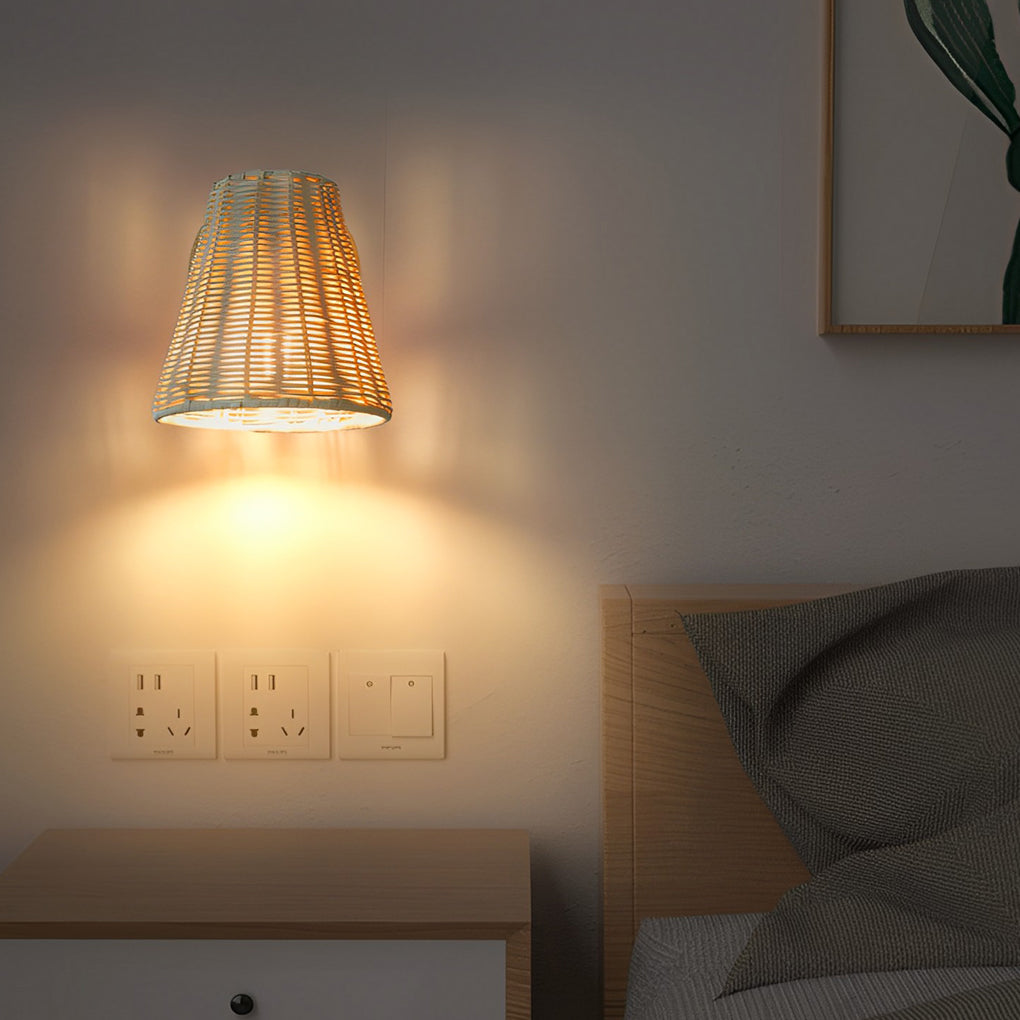 Modern Japanese Style Woven Rattan Wall Lamp 360 Degree Adjustable Sconce Light