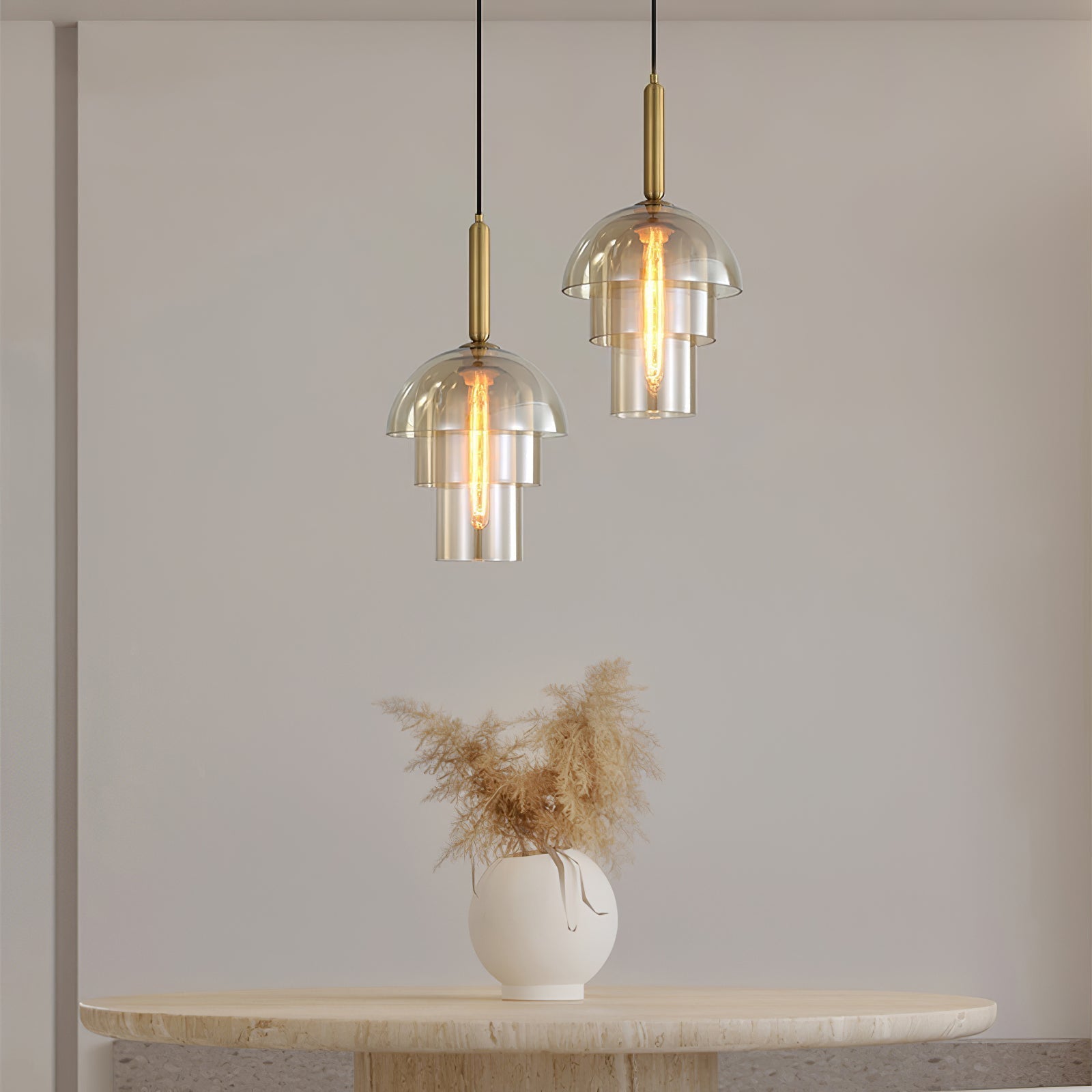 Modern Jolly Glass Pendant Light with Cognac Shades and Gold Finish Droplight
