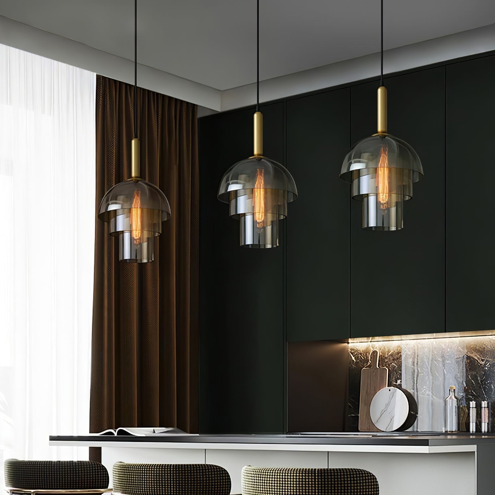 Modern Jolly Glass Pendant Light with Cognac Shades and Gold Finish Droplight
