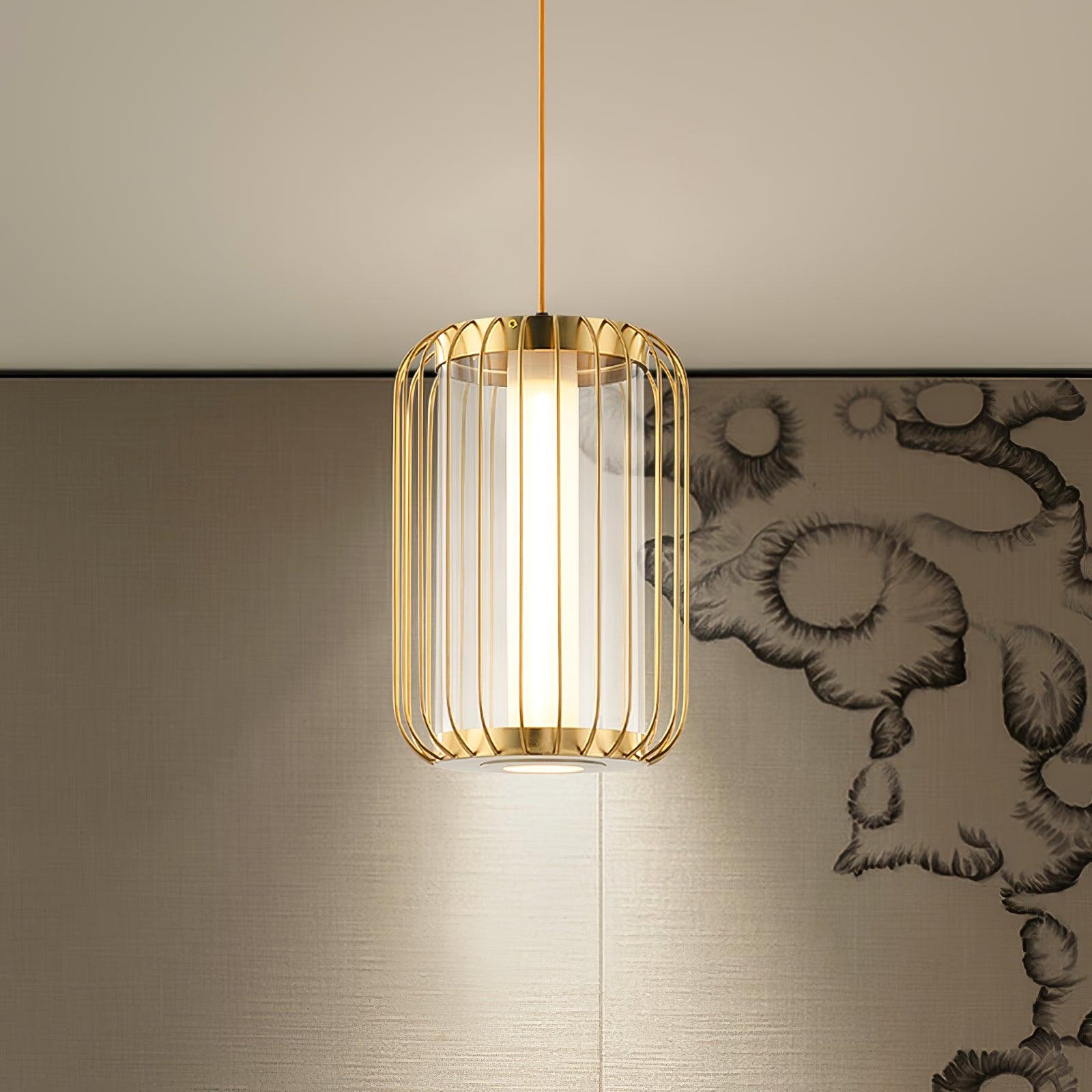Modern Kai 2 Japanese Lantern Inspired LED Pendant Light Gold and Black Integrated Hanging Lamp
