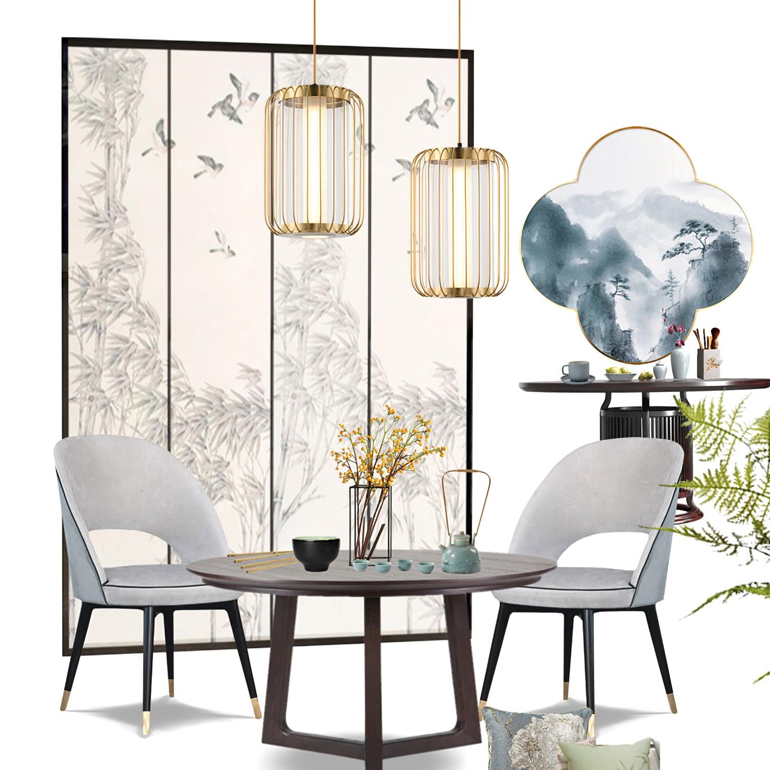 Modern Kai 2 Japanese Lantern Inspired LED Pendant Light Gold and Black Integrated Hanging Lamp
